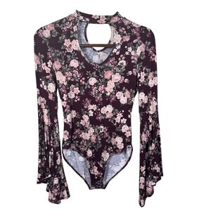 No Comment Floral Bodysuit Keyhole Bell Sleeve Burgundy Sz Small Boho Whimsigoth